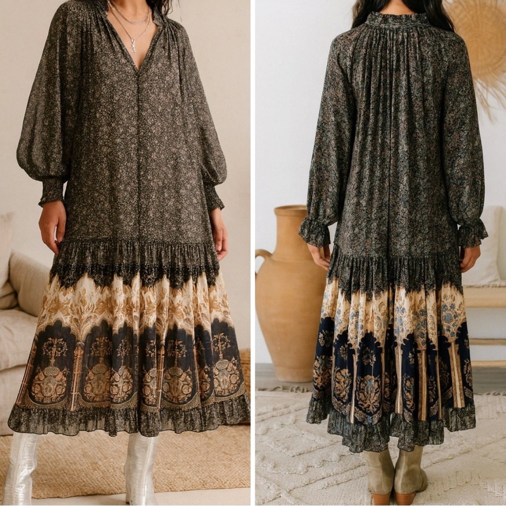 Free People | Feeling Groovy Navy & Cream boho witchy midi Dress